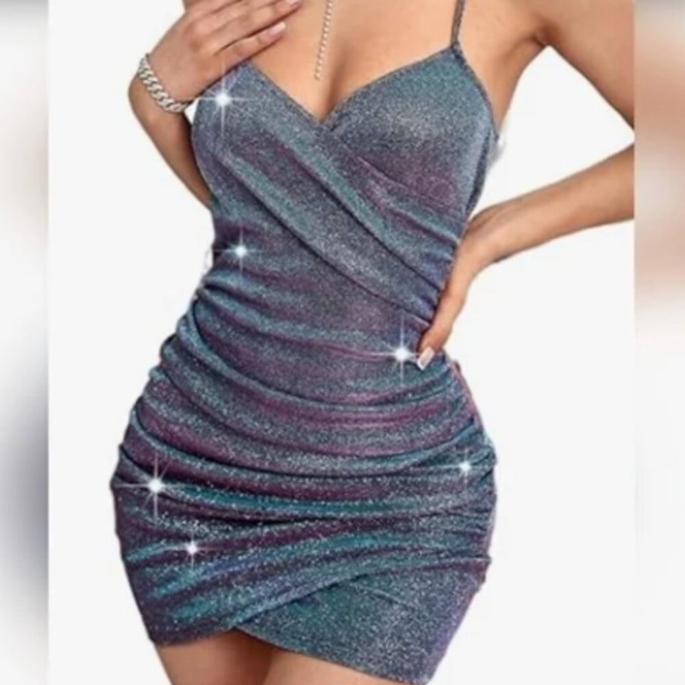 Cider Women's Sparkle Bodycon Drape Wrap Mini Dress Holographic Ruched Size 2XL*
